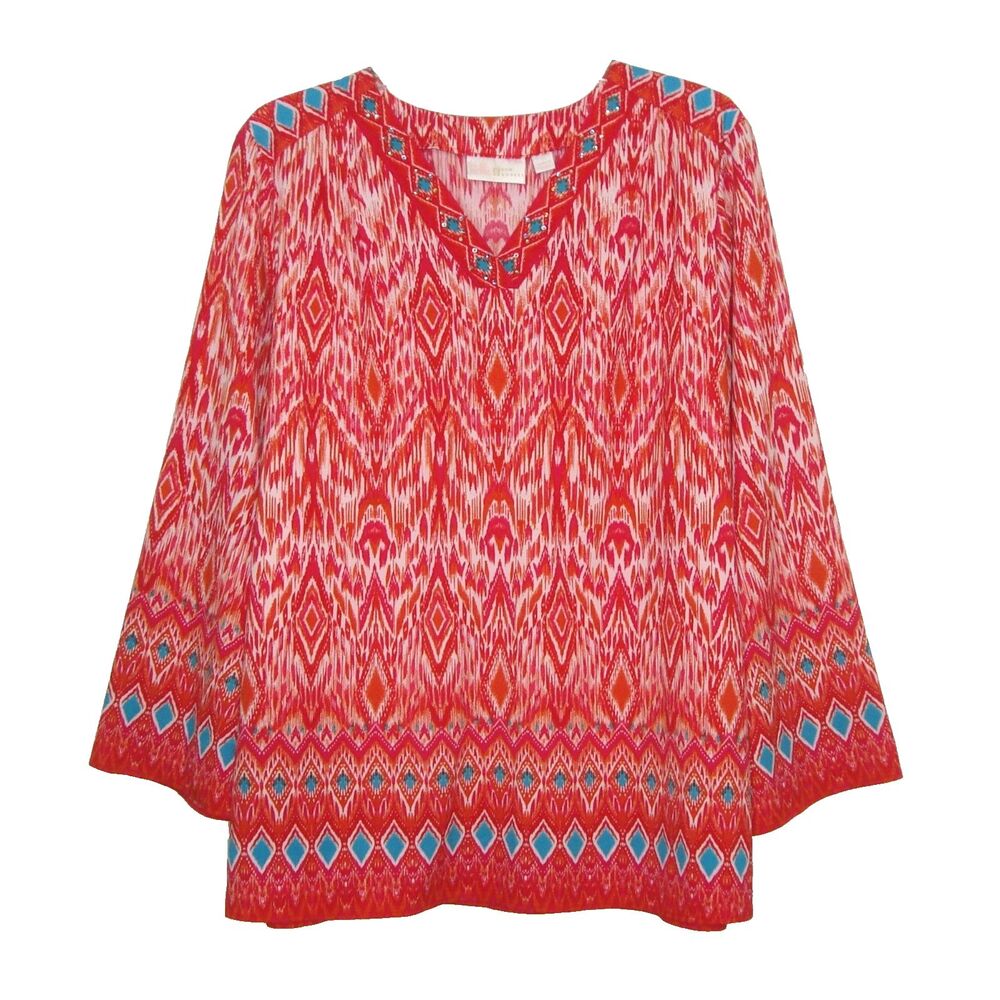 Belle by Kim Gravel Ikat Print Stretch Embellished V-Neck Blouse - Pink